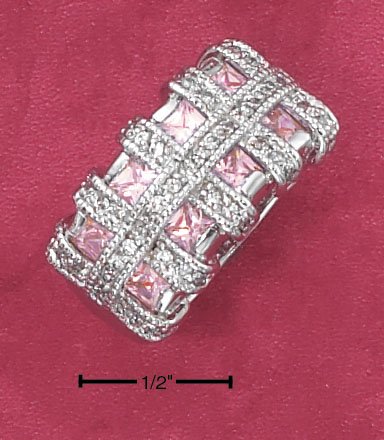 STERLING SILVER PINK ICE PRINCESS CUT CZ RING WITH CLEAR CZ BASKET WEAVE BANDS.