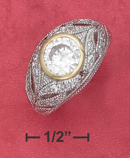 STERLING SILVER RP FILIGREE PAVE DOME RING WITH VERMEIL BEZEL SET 2CT ROUND CZ.