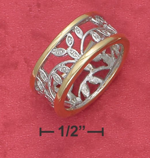 STERLING SILVER AND 14K GOLD 8MM WIDE OPEN BEADED LEAF BAND .