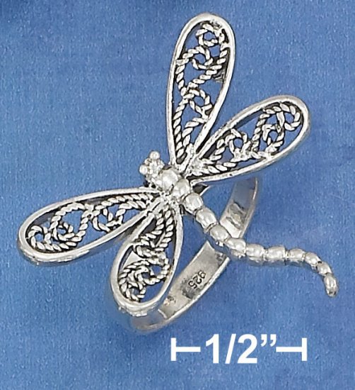 STERLING SILVER DRAGONFLY RING WITH FILIGREE WINGS AND CURVED BODY.