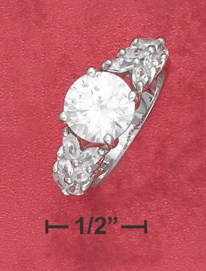 BEAUTIFUL STERLING SILVER RHODIUM PLATED 2.75CT ROUND CZ RING WITH MULTI MARQUISE SIDE CZ'S.
