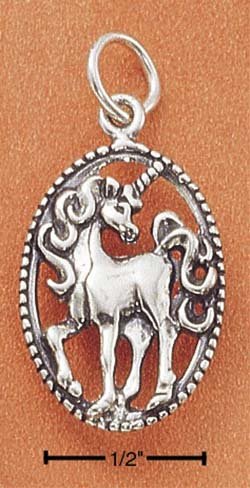 STERLING SILVER FANCY OVAL SCROLLED UNICORN CHARM