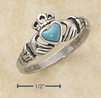 STERLING SILVER SMALL ANTIQUED CLADDAGH RING W/ TURQUOISE HEART