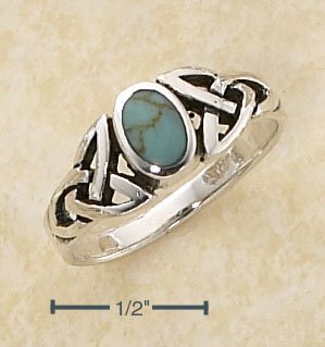 STERLING SILVER GENUINE OVAL TURQUOISE RING WITH CELTIC KNOTS SHANK.