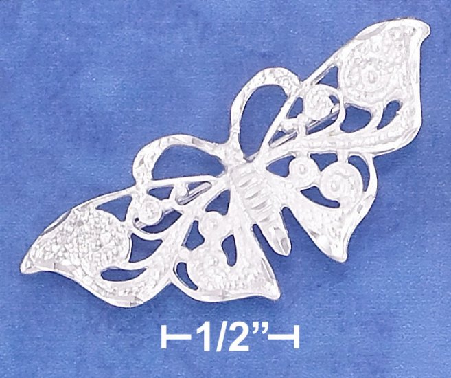 STERLING SILVER SATIN & DIAMOND CUT FILIGREE 20X45MM BUTTERFLY PIN
