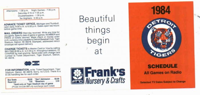 1984 Franks Nursery Detroit Tigers Schedule UNFOLDED MINT World Series