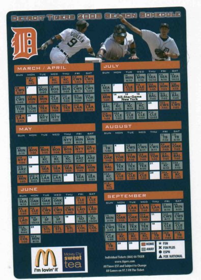 2008 Detroit Tigers Magnet Schedule SGA
