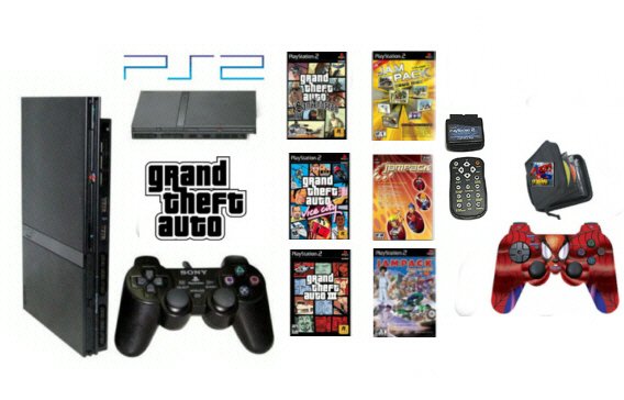New Slim Sony Playstation 2 "Ultimate Grand Theft Auto Bundle" - 6 Games, 2 Dual Shock Controllers &