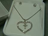 Faceted Round Ear Studs with Cross in Heart Necklace Set