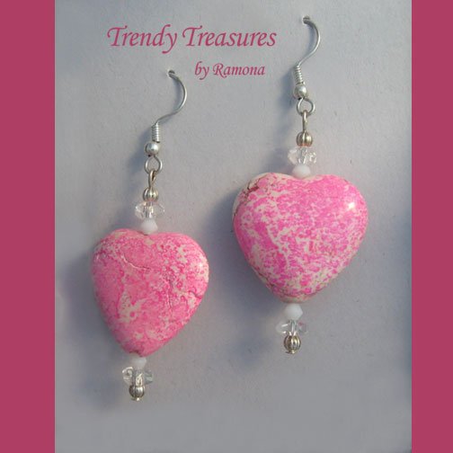 Bright Pink Heart Earrings, Pink Turquoise, Original Design, Ramona Beasley