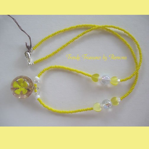 Yellow Flower Glass Pendant on Beaded Necklace, Crystals, OOAK