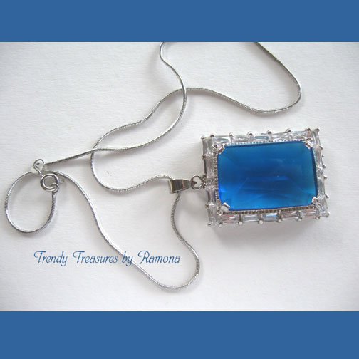 Blue Faceted Crystal Pendant,Prom, Sterling Silver Chain, Rhinestones