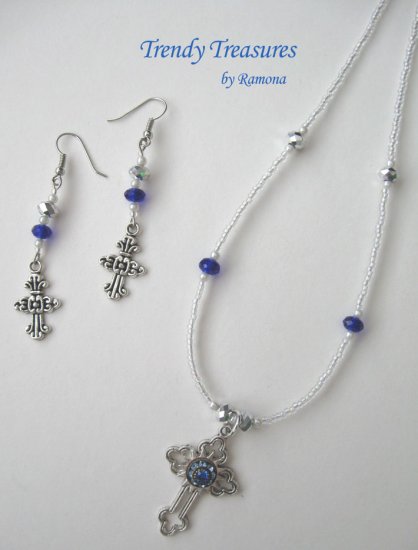 Vintage Cross Pendant Necklace, Blue Rhinestones, Matching Earrings, Set