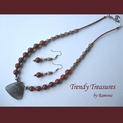 African Bloodstone Pendant Necklace, Matching Earrings, Red Color,Natural Polished Gemstones