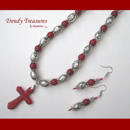 Red Gemstone Cross Beaded Necklace Red Silver, Free Matching Earrings