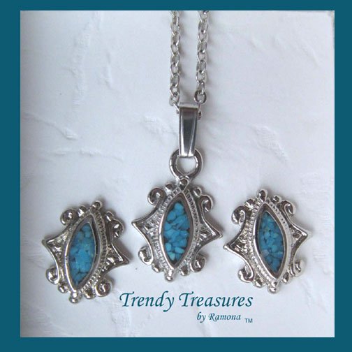 Oval Blue Mother of Pearl Earrings & Necklace Set, Scroll Edging, Rare, Vintage Jewelry