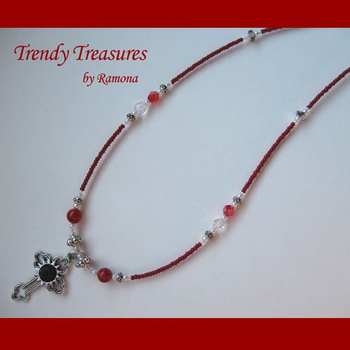 Vintage Cross Pendant Necklace, Red Rhinestones, Original Design, Ramona Beasley
