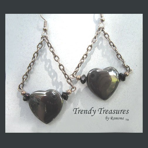 Hematite Heart on Chain Earrings, Original Design, Ramona Beasley