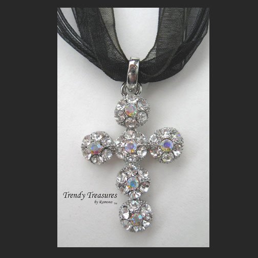 Clear Rhinestone Cross Pendant Necklace, Clear Swarovski Rhinestones, Black Ribbon
