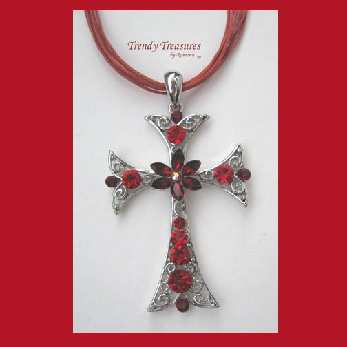 Red Rhinestone Cross Pendant Necklace, Red Rhinestones, Red Cords