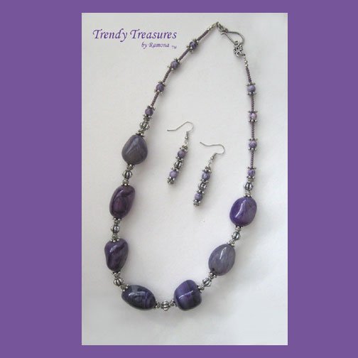 Purple Polished Agate Chunks Necklace, Statement, Free Earrings