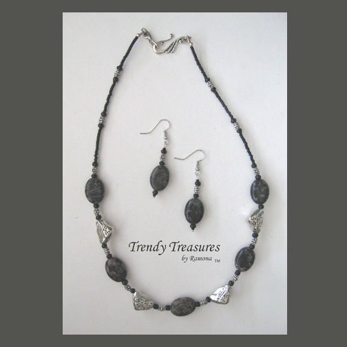 Black Polished Jasper Ovals Necklace,Pewter Chunks,Free Earrings,#TrendyTreasuresByRamona