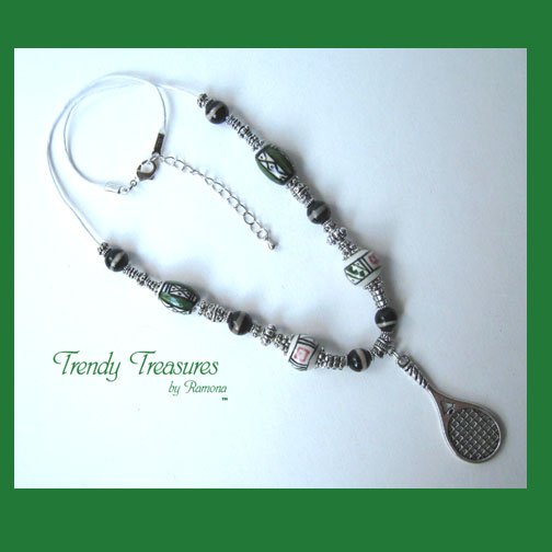 Tennis Racquet, Pewter & Ceramic Bead Accents, Corded Necklace,#TrendyTreasuresByRamona