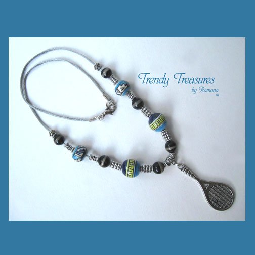 Turquoise Tennis Racquet Pendant,Cord Necklace,Ceramic,#TrendyTreasuresByRamona,