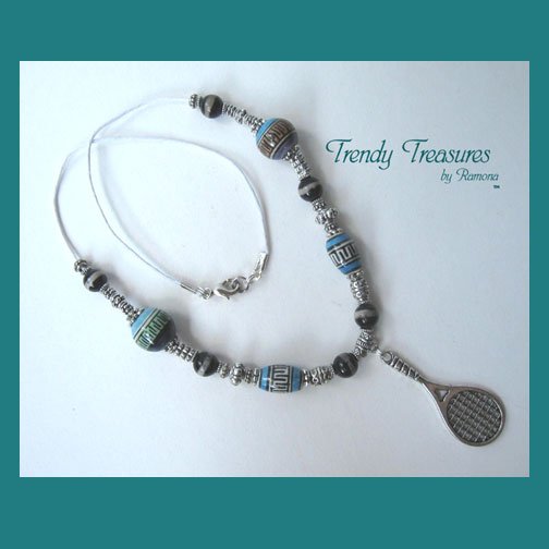 Tennis Racquet Pendant,Cord Necklace,Ceramic,Blue,#TrendyTreasuresByRamona,