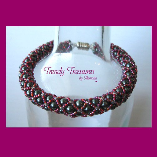 Gray & Red Pearl Crystal Woven Bracelet,Pearls,Crystals,#TrendyTreasuresByRamona