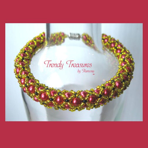Hot Pink Crystal Pearl Woven Bracelet,Pearls,Crystals,#TrendyTreasuresByRamona