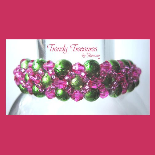 Lime Green Pearls & Hot Pink Crystals Woven Bracelet,Price Reduced,#TrendyTreasuresByRamona