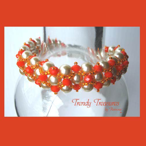 White Pearls & Tangerine Tango Crystals Woven Bracelet,Reduced,#TrendyTreasuresByRamona