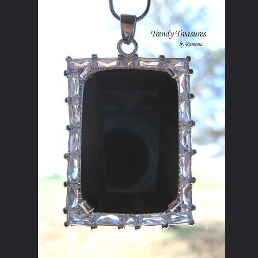 Black Faceted Crystal Pendant,Prom,Sterling Silver Chain,Rhinestones,#TrendyTreasuresByRamona