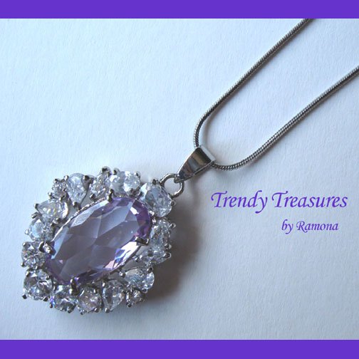 Purple Faceted Crystal Fancy Oval Pendant,Sterling Silver Chain,Rhinestones,#TrendyTreasuresByRamona