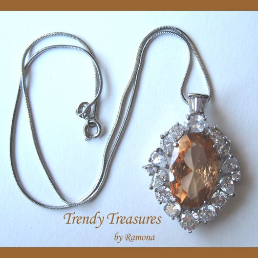 Gold Faceted Crystal Fancy Oval Pendant,Sterling Silver Chain,Rhinestones,#TrendyTreasuresByRamona