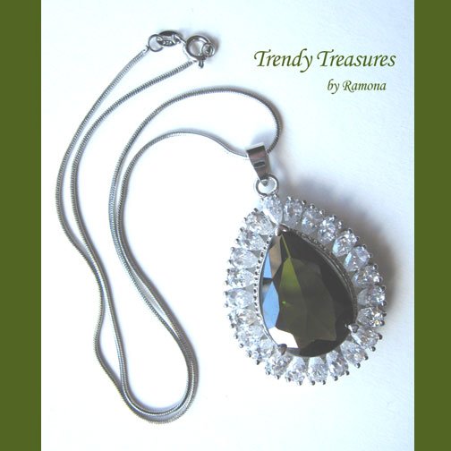 Peridot Faceted Teardrop Crystal Pendant,Sterling Silver Chain,Rhinestones,#TrendyTreasuresByRamona