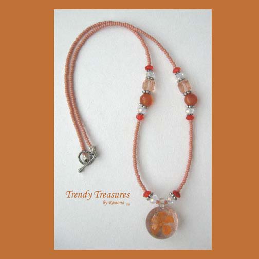 Orange Flower Glass Pendant on Beaded Necklace, Crystals, OOAK.#TrendyTreasuresByRamona