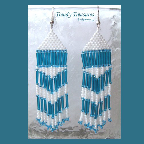 Turquoise,White,Beaded Dangle Earrings,Hand Woven, #TrendyTreasuresByRamona