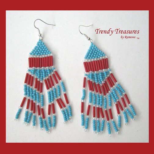 Turquoise,Bright Red,Beaded Dangle Earrings,Hand Woven, #TrendyTreasuresByRamona