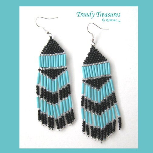 Black, Turquoise, Beaded Dangle Earrings, Hand Woven, #TrendyTreasuresByRamona