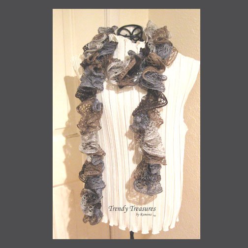 Brown,Silver,Tan, Hand-made Ruffled Scarf, Extra-full,#TrendyTreasuresByRamona