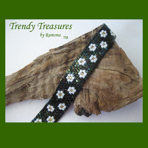 Green Iris Metallic with White Flowers Glass Woven Bracelet,Original Design,#TrendyTreasuresByRamona