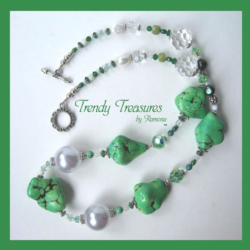 Reduced! Bold Statement Necklace,Green Color,Giant Pearls & Crystals,Artisan Crafted, Ramona Beasley