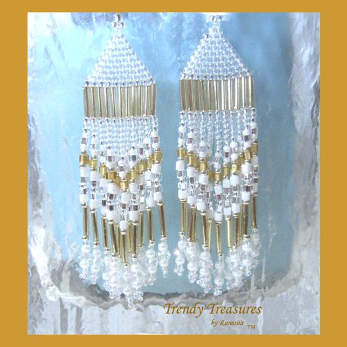 Gold & White Beaded Dangle Earrings, Native American Style,#TrendyTreasuresByRamona