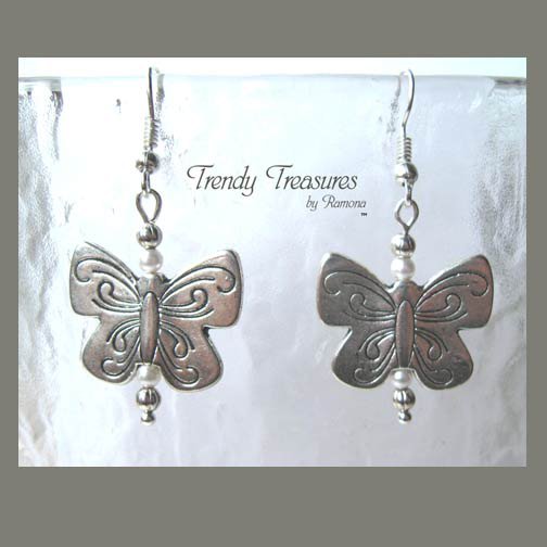 Butterfly Earrings,Silver Charm,Pearls,Original Design, #TrendyTreasuresByRamona,