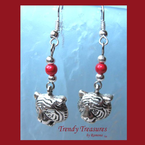 Tiger Head Charm Earrings,Red Miracle Beads,Tibet silver charms, #TrendyTreasuresByRamona,