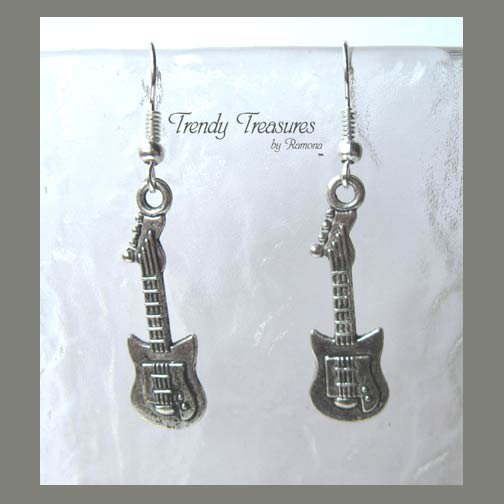Tiny Guitar Charm Earrings,Rock & Roll, Tibet Silver, #TrendyTreasuresByRamona,
