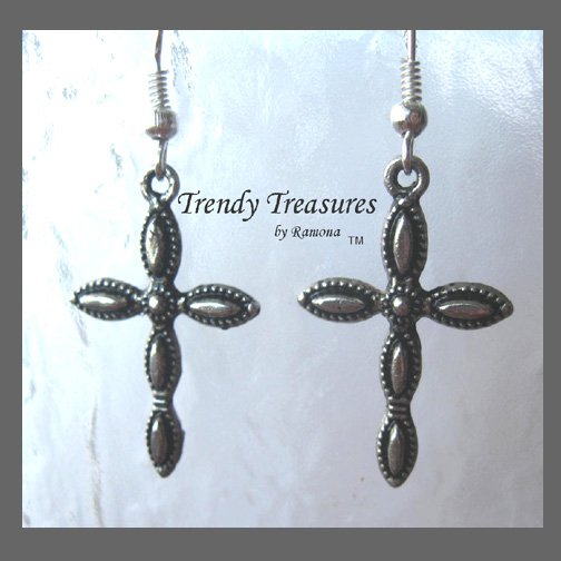 Cross Earrings,Black Oval Inlays,Tibet Silver, Charms,#TrendyTreasuresByRamona,