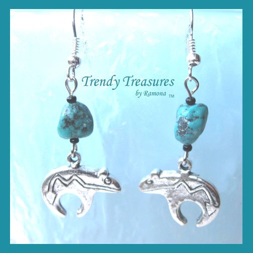 Heartline Bear Earrings,Tibet Silver,Turquoise Dangles, #TrendyTreasuresByRamona,
